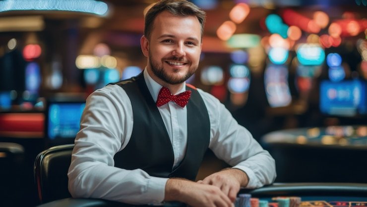 Studio produksi meja blackjack langsung dengan multi-kamera dan dealer profesional